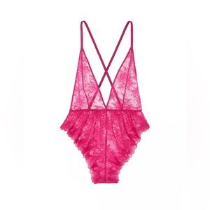 NWOT Victorias Secret Plunge Lacey Flutter Bodysuit Hot Pink Small